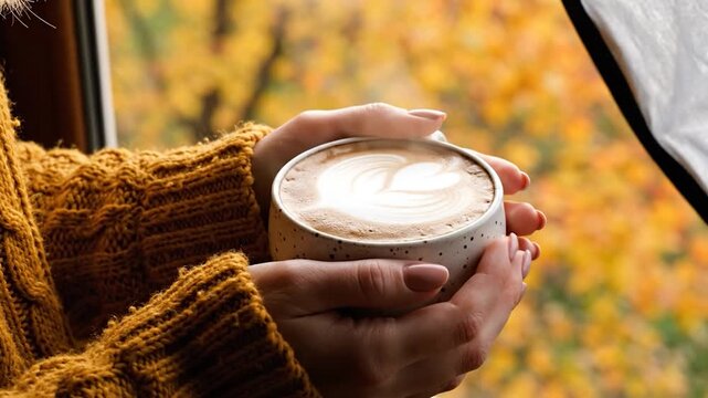 Woman in yellow knitted sweater holding a cup of latte with heart art by a window with autumn foliage