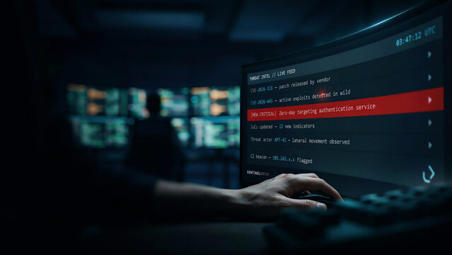 Scrolling Threat Intelligence Feed with Red NEW CRITICAL Alert &ndash; Real‑Time Ingest Macro &ndash; Live Awareness &ndash; Dark Room Ambient Monitor Glow