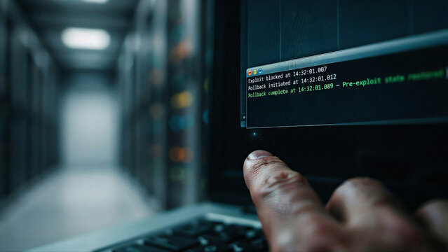 Terminal Showing Rollback Complete in Green &ndash; Automated Recovery Macro &ndash; Zero‑Downtime Restoration &ndash; Dashboard Cool Ambient Light