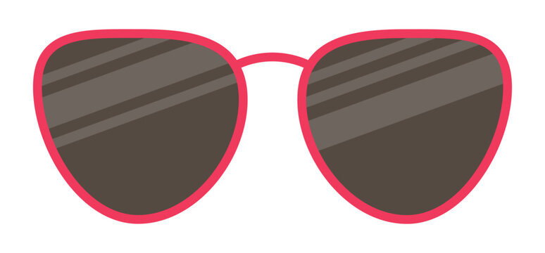 Sunglasses in red frame, eyeglasses Glasses with black lenses. Sun protection from ultraviolet rays. Accessories for summer vacation, beach travel, fashion style. Vector illustration