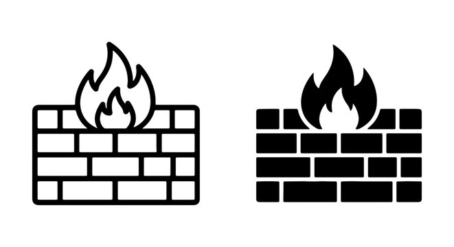 Firewall Icons, Brick Wall with Flames, Cybersecurity Protection, Network Security, Digital Barrier