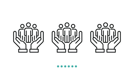 Obraz premium Three simple black line art icons depicting human figures being held carefully inside open hands on a clean white background for modern corporate business design projects