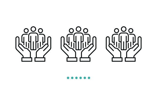 Three simple black line art icons depicting human figures being held carefully inside open hands on a clean white background for modern corporate business design projects