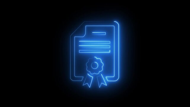 Glowing neon patent icon isolated on black background.4k Video motion graphic animation