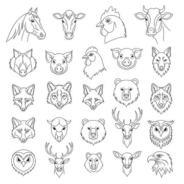 Line Art Animal Heads Collection - Horse, Cow, Pig, Fox, Bear, Deer, Owl, and Eagle.