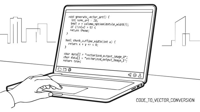 Minimalist line art illustration of a software developer programming code on a laptop in a modern city workspace environment
