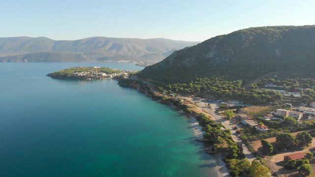 Aerial view of sea near beach Paralia Kechrion near Corinth Canal. Drone view from above. Summer holidays destination
