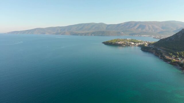 Aerial view of sea near beach Paralia Kechrion near Corinth Canal. Drone view from above. Summer holidays destination
