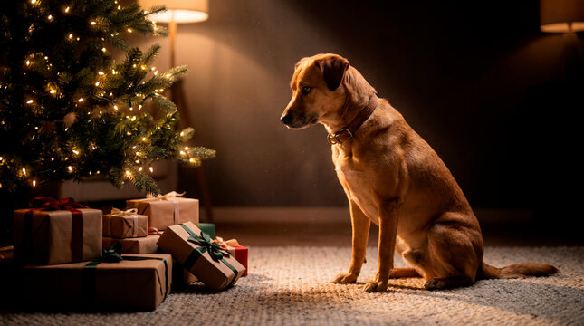 Attentive dog sitting beside decorated Christmas tree and wrapped gifts in cozy living room