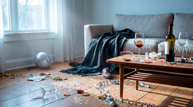 Messy living room with confetti and wine glasses after festive New Year party celebration