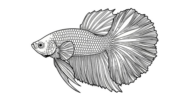 Detailed Hand-Drawn Betta Fish Illustration with Flowing Fins.