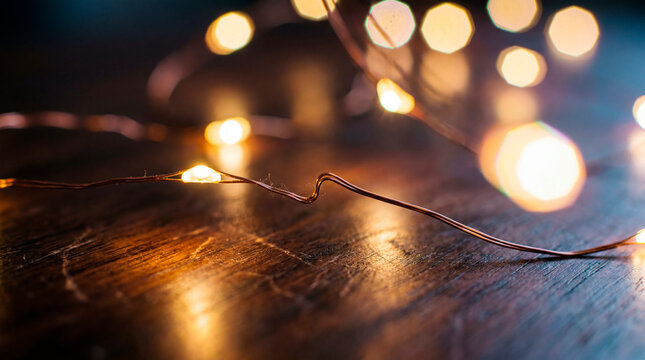 Glowing copper fairy lights string on rustic wooden table with soft golden bokeh
