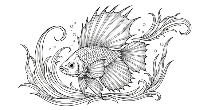 Detailed Betta Fish Swimming in Water with Ornate Fins and Tail.