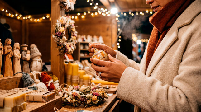 Woman shopping for handmade ornaments at festive outdoor Christmas market stall