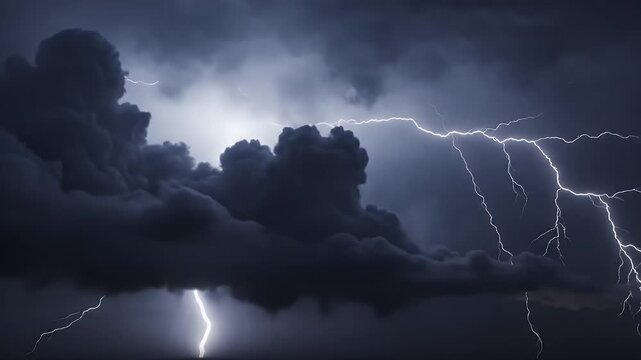 Dramatic Lightning Storm Over Silhouetted Trees at Night.