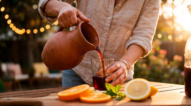 Casual man in a linen shirt pouring refreshing fruit drink from clay pitcher at golden hour garden gathering