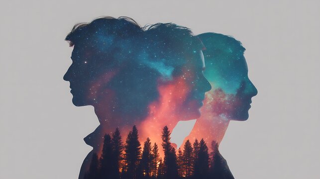 Silhouettes of two people facing opposite directions with a galaxy and forest scene blended inside them.