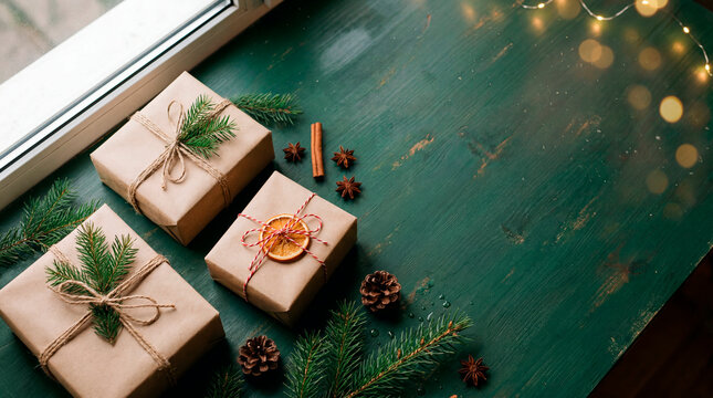 Eco friendly kraft paper gifts flat lay on rustic green wood with dried orange slices