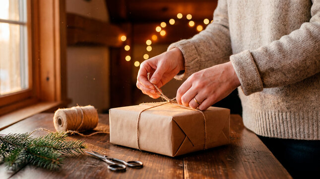 Elegant woman wrapping rustic kraft paper gift with twine by warm fairy lights at home