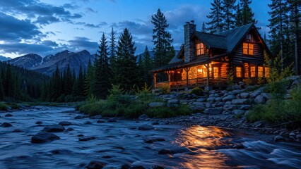 Fototapeta premium Cozy illuminated log cabin beside a flowing mountain creek at dusk, surrounded by pine forest and rugged peaks under a clouded blue hour sky