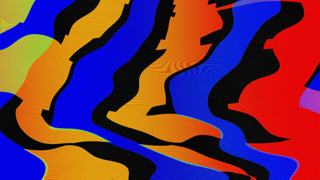 High-contrast orange and blue glitch halftone with jagged vertical segments and datamosh dot distortion on black. Anchors a retrofuturism campaign and retro poster design workflow