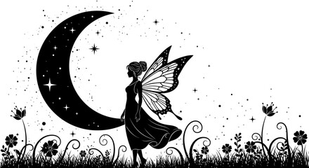 Enchanting Fairy Silhouette with Moon and Stars. © Nuer17