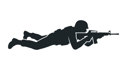 Obraz premium Silhouette of a soldier aiming a rifle while lying down.