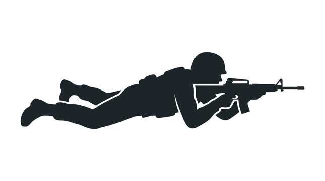 Silhouette of a soldier aiming a rifle while lying down.