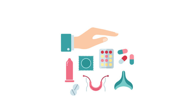 Set of various birth control and reproductive health contraceptive methods.