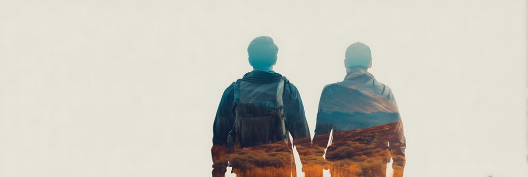 Two people with backpacks stand side by side, with a landscape of hills and fields blended into their silhouettes, symbolizing connection and adventure.