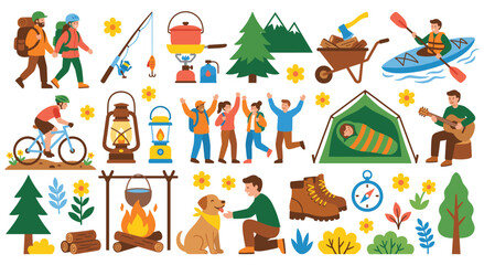 Collection of camping equipment and outdoor adventure activity icons set. © Akter