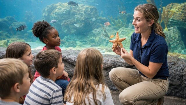 Aquarium educator shows a starfish to an attentive group of children beside a large touch tank