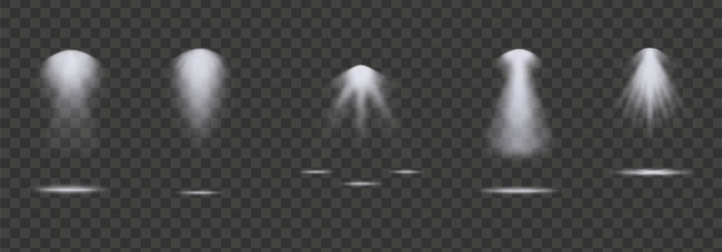 Vector illustration of set of isolated spotlight light, lighting equipment, stage lighting, theater lighting, hall, performance on transparent background.