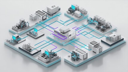 Fototapeta premium Smart Manufacturing Network Architecture with Connected Industrial Production Systems, Digital Factory Infrastructure, Automated Manufacturing Ecosystem and Industry 4.0 Technology Platform