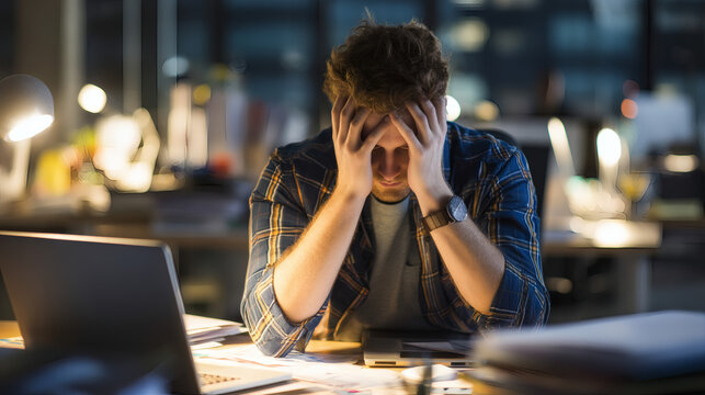 professional stock photo of a stressed office worker with head in hands at a messy desk. The workspace is cluttered with papers, files, and a laptop. Dramatic lighting highlights emotional exhaustion 