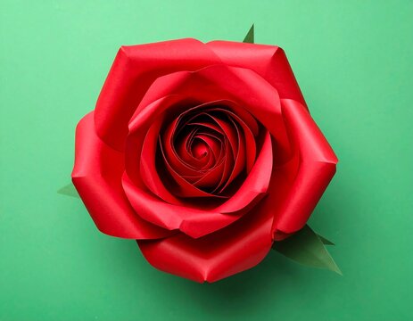 A vibrant, handcrafted paper rose of deep red hue, central petals tightly wound, set against a verdant background