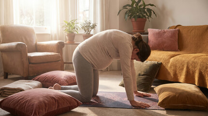 Obraz premium Pregnant woman practicing supported prenatal yoga on mat at home living room with cushions plants warm light self care comfort maternity wellness routine gentle movement birth preparation