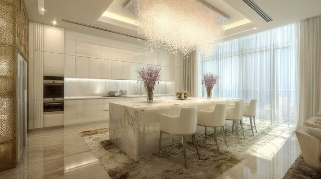 Luxurious contemporary open concept kitchen and dining area features gleaming surfaces and abundant natural light.