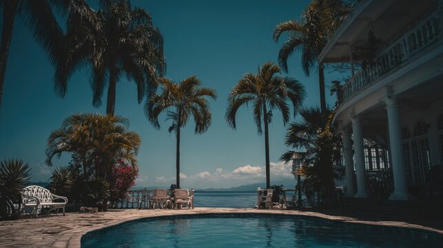 Luxury tropical residence overlooks serene ocean waters from poolside terrace area