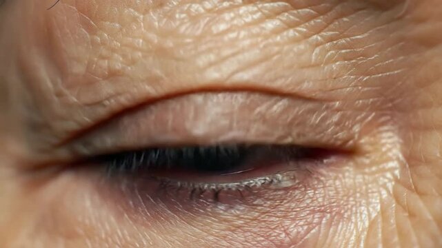 Extreme close-up of senior woman opening blue eye, detailed iris texture and aging skin macro shot