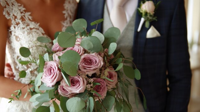 Newly married couple poses closely together while holding a lush bouquet of mauve roses and green foliage