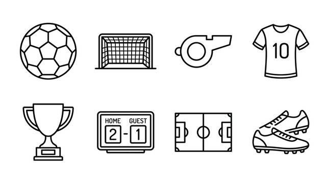 Collection of eight line art icons representing various elements of the sport of soccer, including a ball, goal, whistle, jersey, trophy, scoreboard, field, and cleats.