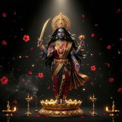 Fototapeta premium Divine goddess kali standing on golden lotus with sword and lotus flower in traditional attire surrounded by floating red petals and glowing oil lamps in a spiritual atmosphere of sacred worship