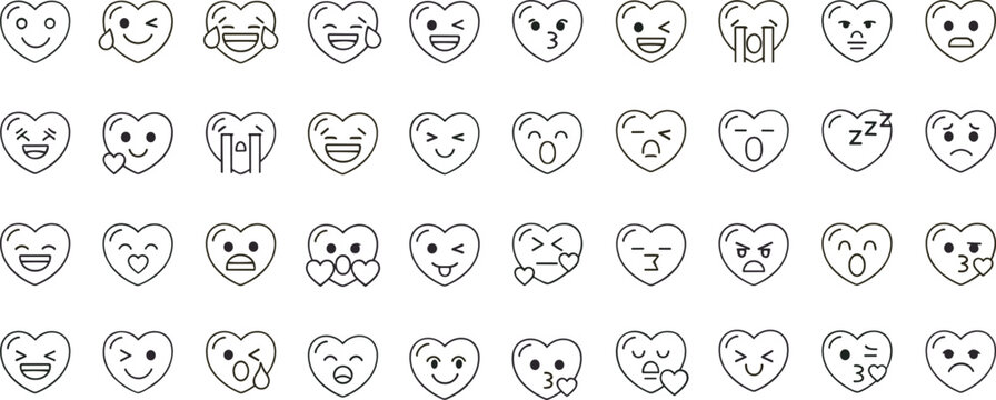 Happy and sad heart emoji expressions set