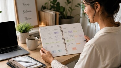 Naklejka premium Woman at a home office desk reviewing a color-coded weekly planner with sticky notes, laptop, coffee, plants, and desk accessories
