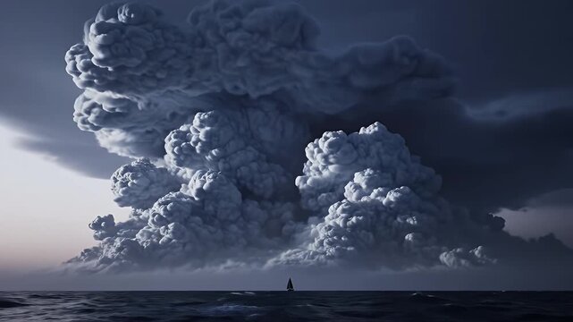 Dramatic Volcanic Eruption Over Ocean Waters at Dusk.