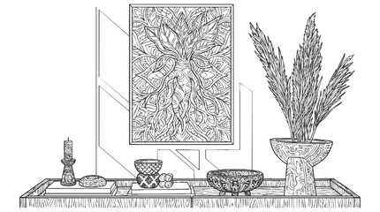 Fototapeta premium Hand-drawn line art of boho style interior decor with pampas grass and a botanical mandala coloring page for relaxation and mindfulness