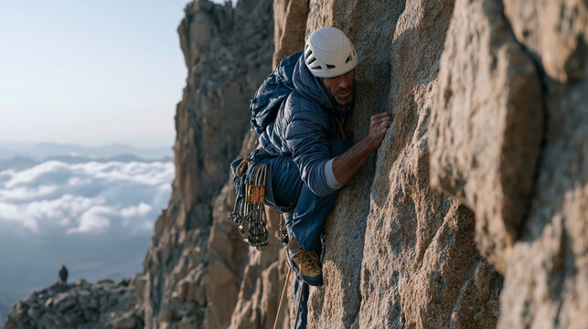 Trad climber placing a hexagonal nut into a granite crack sixty meters above a glacial cirque, alpine rock face route, rope trailing below, rack of cams clipped to harness, belay