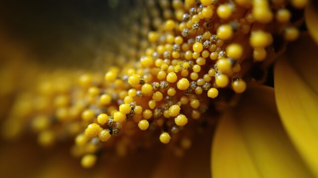 Extreme close up reveals textured pollen grains on blooming flower center