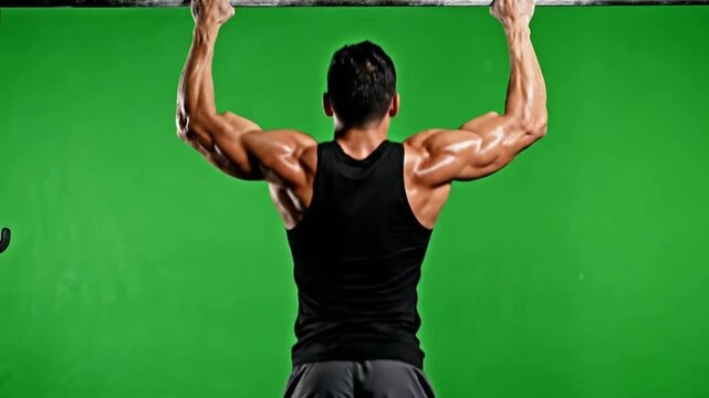 Muscular man performing pull-ups on green screen for fitness training and bodybuilding concepts athlete